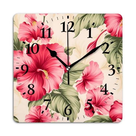 Square Wall Clock,Beautiful Hibiscus In Pink And Red On Cream BackgSquare,Silent Non-Ticking Wall Clock Decor for Home Office Kitchen Living Room Bedroom(12inch)