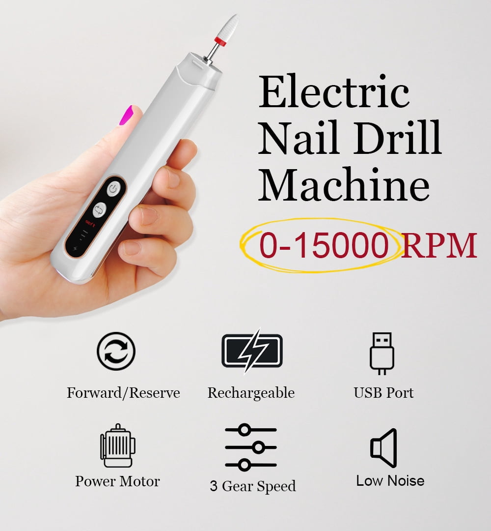 Electric Nail Drill, Rechargeable 15000RPM, 3 Speed, 5 Grinding Heads, Forward/Reverse, Portable Manicure Tool for Home Use