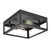 Maxxima 12 2-Light Indoor / Outdoor Flush Mount Ceiling Light Fixture, Square Black Farmhouse Fixture, Bulbs Not Included