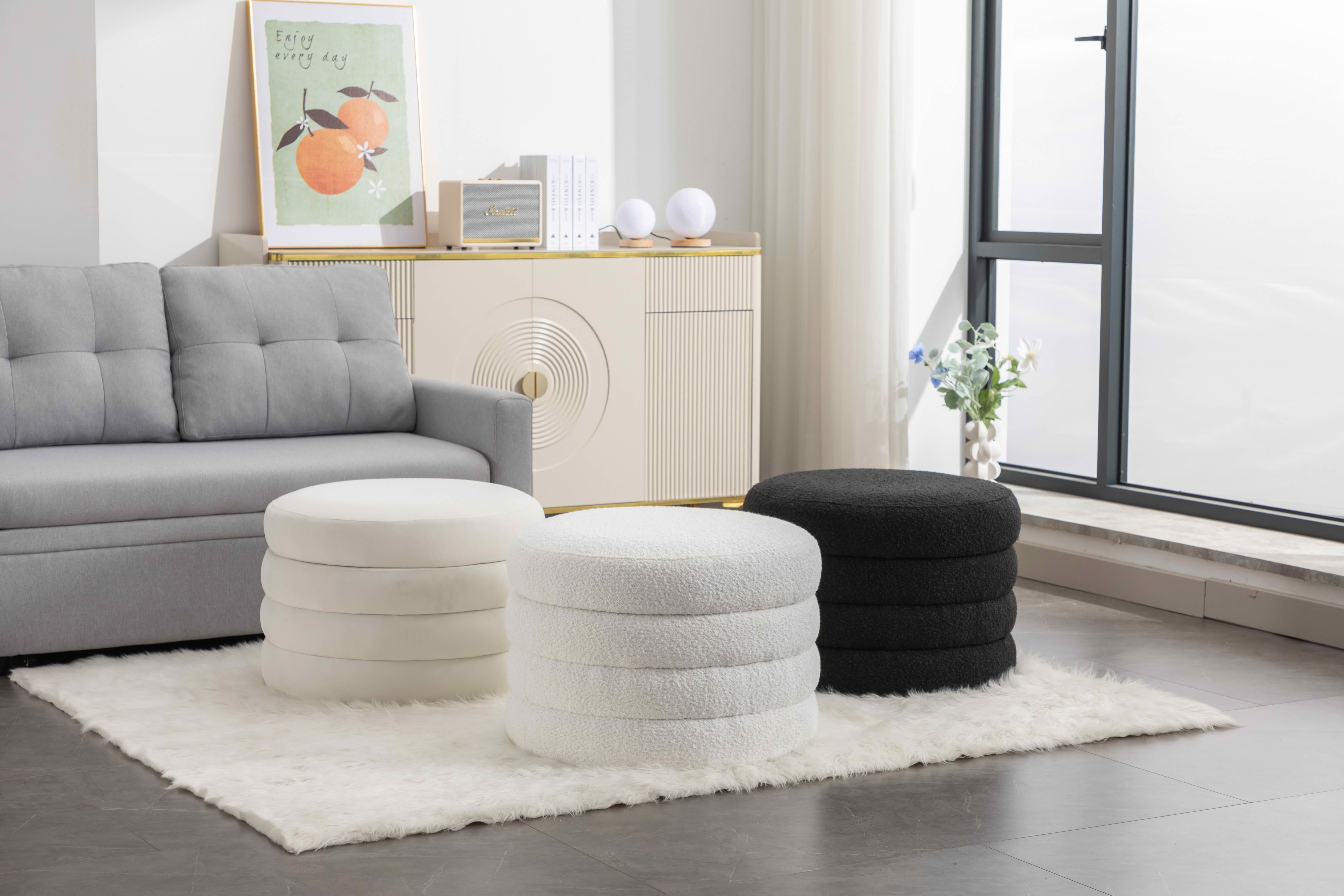 MAYEERTY Velvet Fabric Storage Round Ottoman Footrest Stool, with Wooden Shelving, Ivory