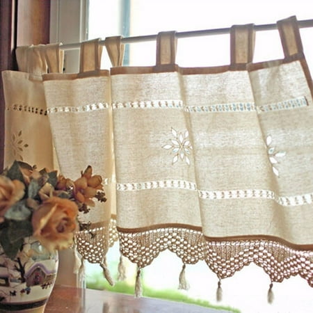 - Meigar Handmade Hollow Flower Cafe Curtain Linen and Cotton Crochet Lace Window Patchwork Valance 17 by 59-Inch, Cream / Light Beige