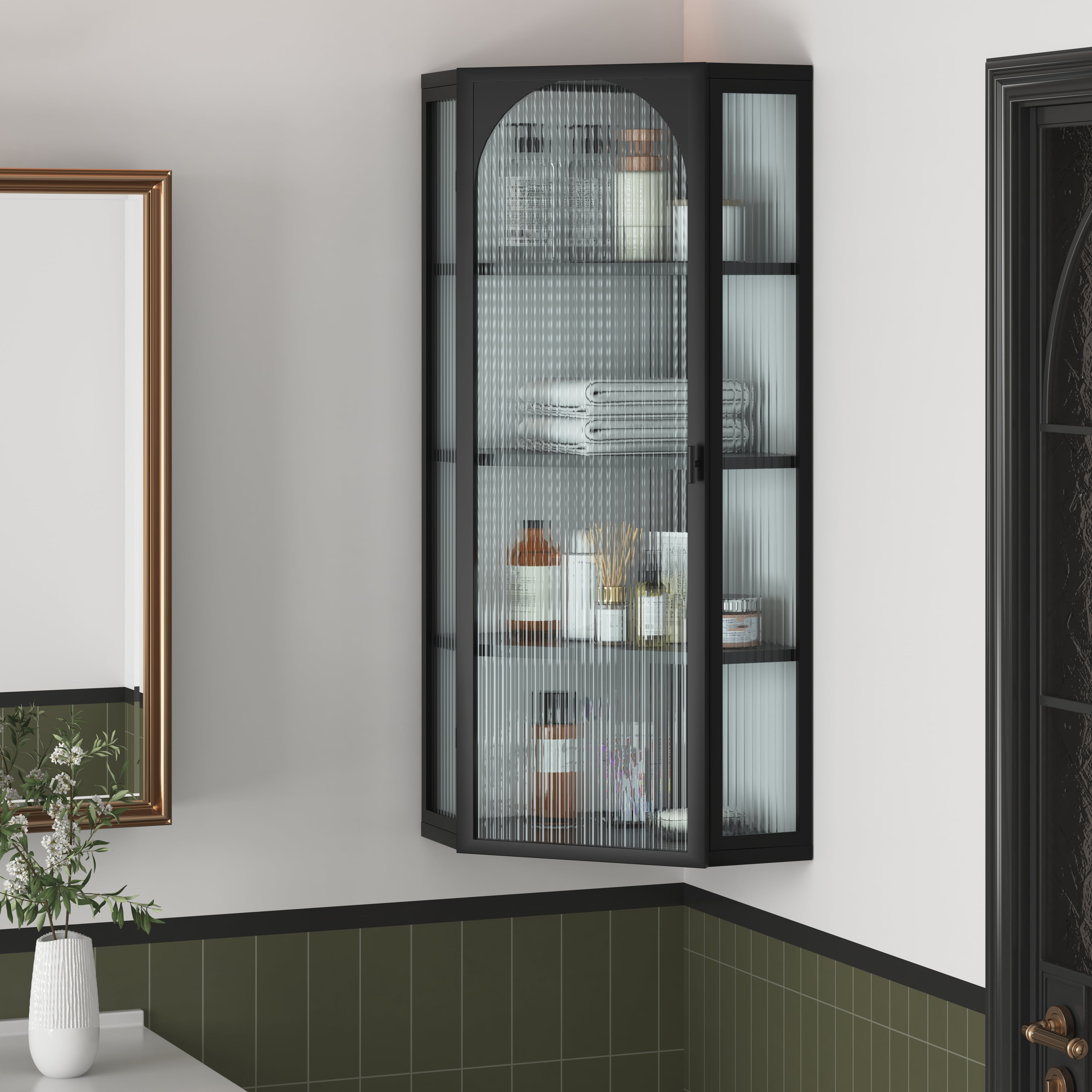 Wall Mounted Corner Cabinet 41.34 Inch, 4-Tier Glass Door Storage with Ribbed Glass and Metal Frame, Bathroom Organizer and Living Room Display Cabinet, Black