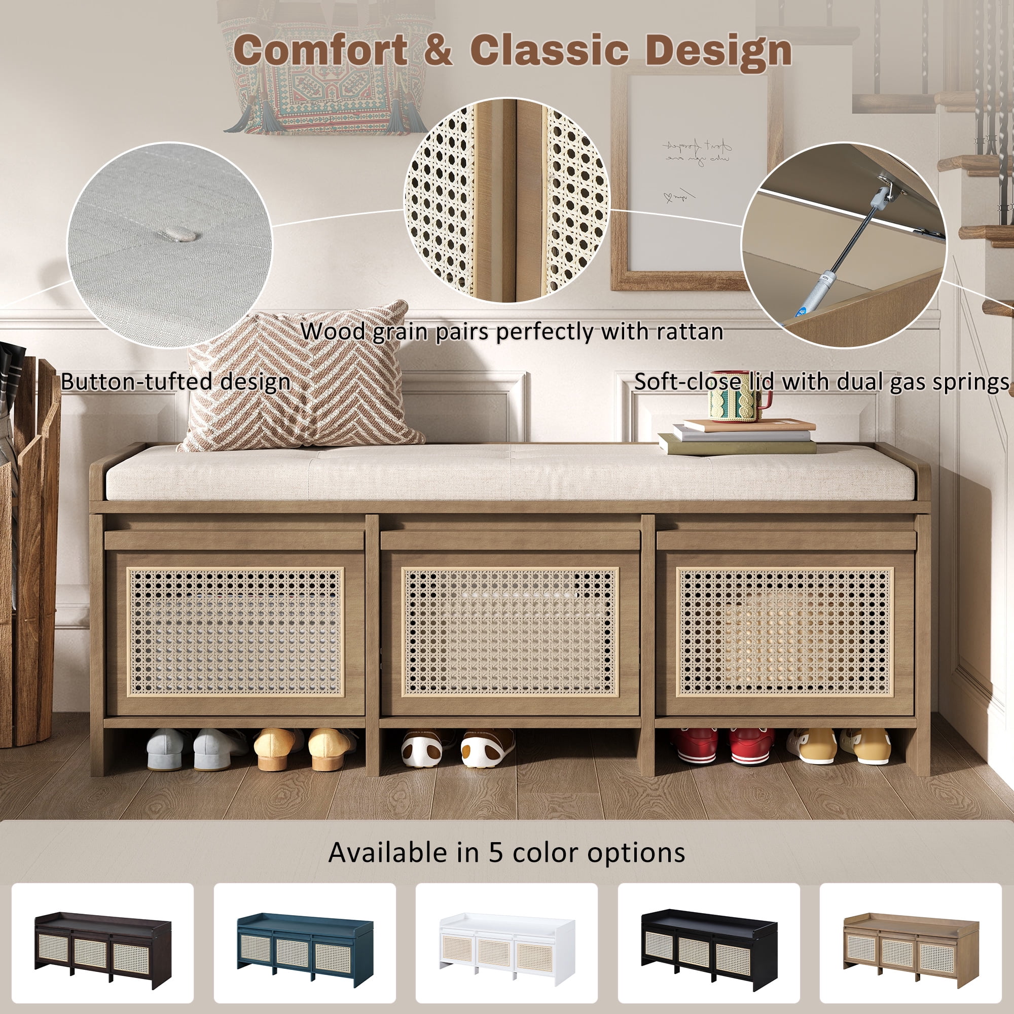 48" Entryway Shoe Bench, Retro Storage Bench with Rattan Drawers & Removable Button‑Tufted Upholstered Cushion for Living Room, Hallway, Foyer, Stair Landing, 5 Colors Available (Natural)