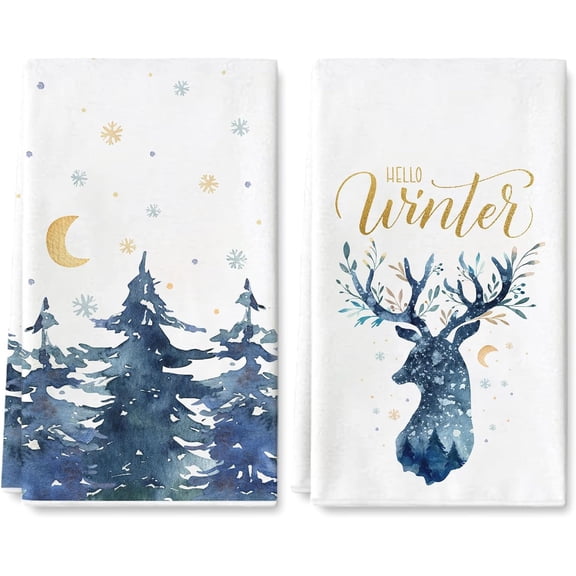 2 Pack Winter Kitchen Towel Watercolor Blue Forest Reindeer Snowflake Dish Towel Christmas Hand Drying Tea Towel for Cooking Baking Cleaning Wiping, 18 x 26 Inch