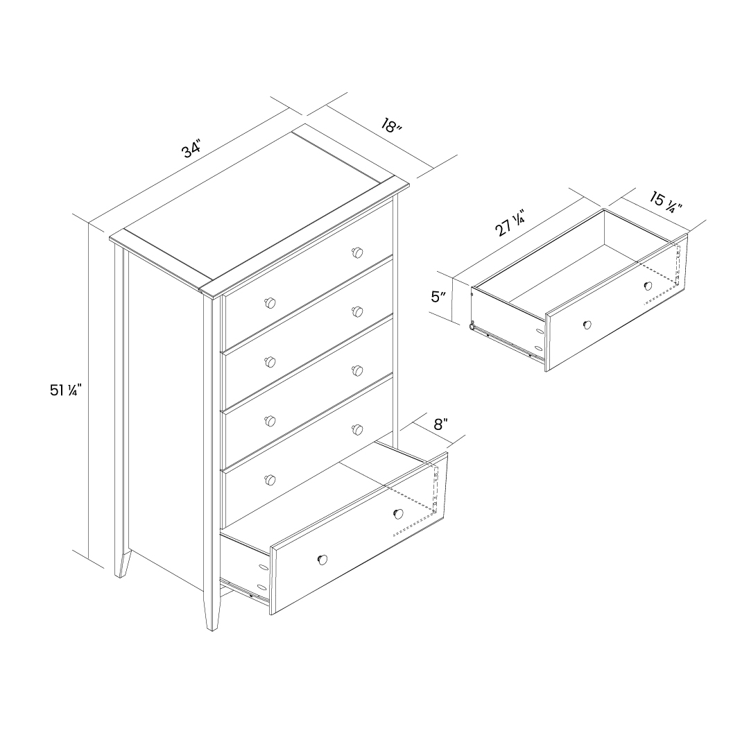 Grain Wood Furniture Greenport 5-Drawer Chest, Solid Wood with Brushed Driftwood Finish