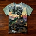 thumbnail image 2 of Kids Retro Steam Train Print T-Shirt Classic Locomotive Night Mountain Scene Graphic Crew Neck Short Sleeve Tee Summer Casual Outdoor Top for Boys(Army Green,5-6 Years), 2 of 4