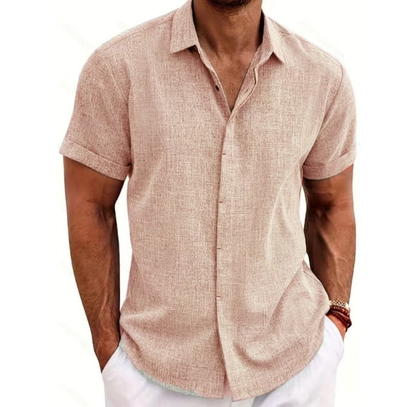 Dwelliawo Mens Linen Shirt Casual Business Dress Shirt Short Sleeve Button Down Shirts Summer Cotton Linen Regular Fit Clothing with Pocket Khaki 2XL