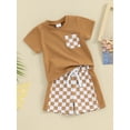 thumbnail image 3 of Suealasg 2Pcs Toddler Baby Boys Clothes Kids Boys Summer Beach Outfit 3M 6M 9M 12M 18M 24M Short Sleeve Tops + Checkerboard Printed Shorts Set, 3 of 9