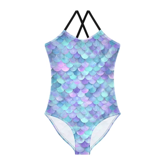 Girls' One-piece Swimsuit Cross Back Bathing Suit Beach Surfing Sizes 3T Glittering Mermaid Scales