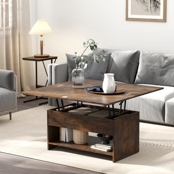 Manxile Rustic Brown Lift Top Coffee Table, 4 in 1 Multi-Function Convertible Coffee Table with Hidden Storage, Farmhouse Coffee Table for Living Room