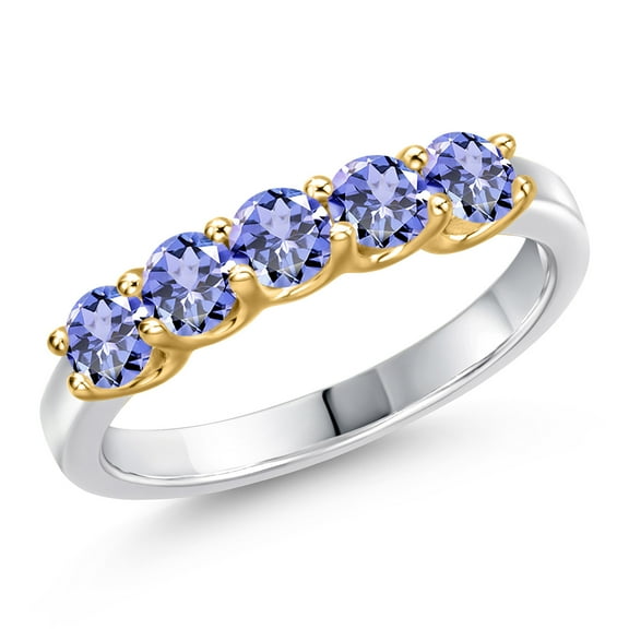 Gem Stone King 925 Silver and 10K Yellow Gold Blue Tanzanite Engagement Ring for Women | 0.90 Cttw | Round 3.5MM | Gemstone December Birthstone | Size 5