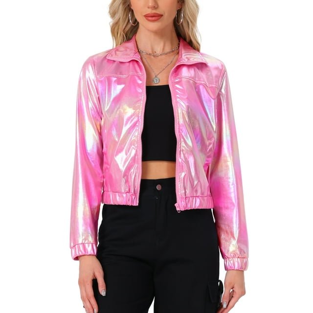 CHAQUETA METÁLICA LIGERA CON CREMALLERA DE MANGA LARGA BRILLANTE Y HOLOGRÁFICA PARA MUJERES INSPIRADA EN CHIC TAMAÑO L ROSA