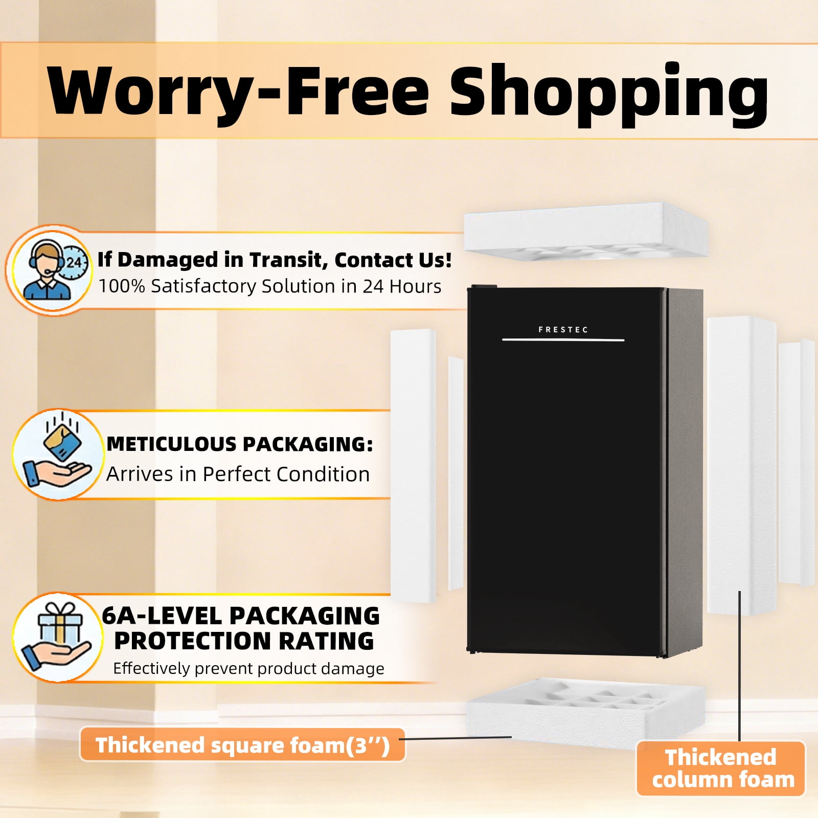 Frestec 3.2 Cu. Ft. Mini Fridge with Freezer, Compact Refrigerator for Bedroom, Dorm, and Office, Energy-Saving, Low-Noise, Adjustable Thermostat (Black、)