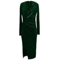 thumbnail image 4 of Scyoekwg Cocktail Dresses for Women Evening Party Slim V-Neck Party Dress Solid Color Cocktail Dresses Slit Long Dress Long Sleeve Dress Holiday Dress Green XXL, 4 of 5