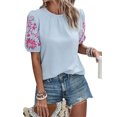 thumbnail image 3 of Women Floral Embroidered Textured Tops Crewneck Puff Short Sleeve Casual Loose Solid Embroidery Blouses Shirts Blue XL, 3 of 9