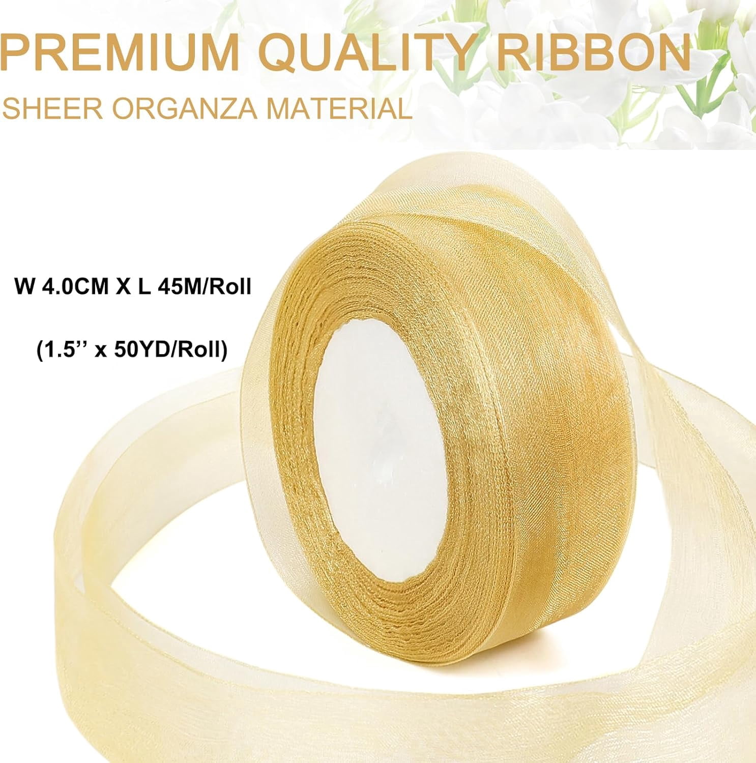 Gold Ribbon for Gifts Wrapping, Sheer Organza Chiffon Fabric Ribbon, Mesh Ribbons for Flower Bouquet, Wedding, Crafts, Decoration, Present