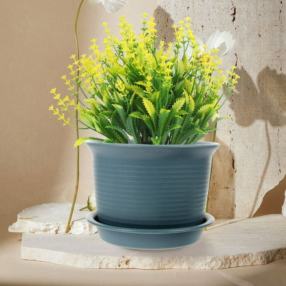 CATIEBYE 1Set Blue Round Plastic Resin Decorative Flowerpot for Nursery Pot Indoor Plants 11.4x8.3x5.9in