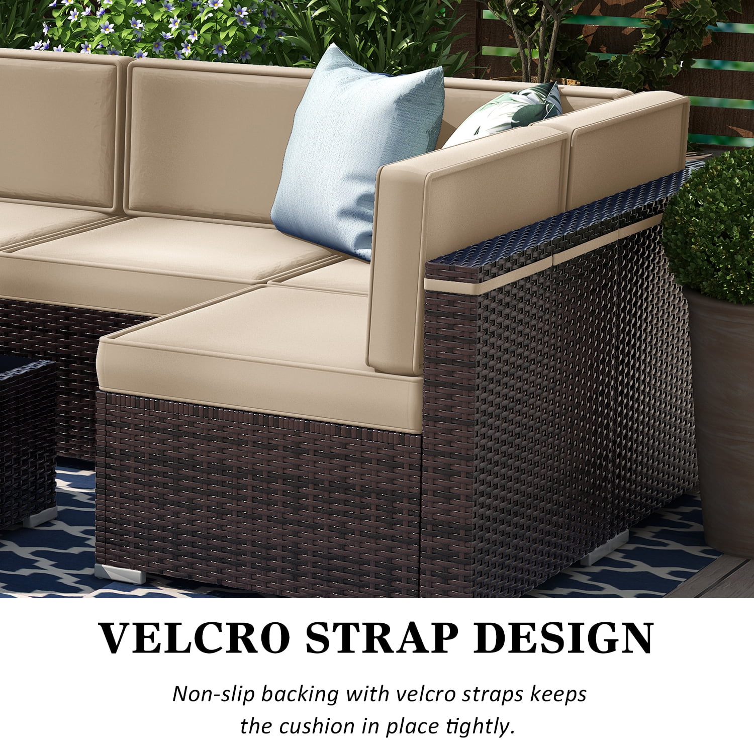 Sunny Hill 7 Metal Sectional Outdoor Conversation Sets with Chair and Table, Brown/Beige