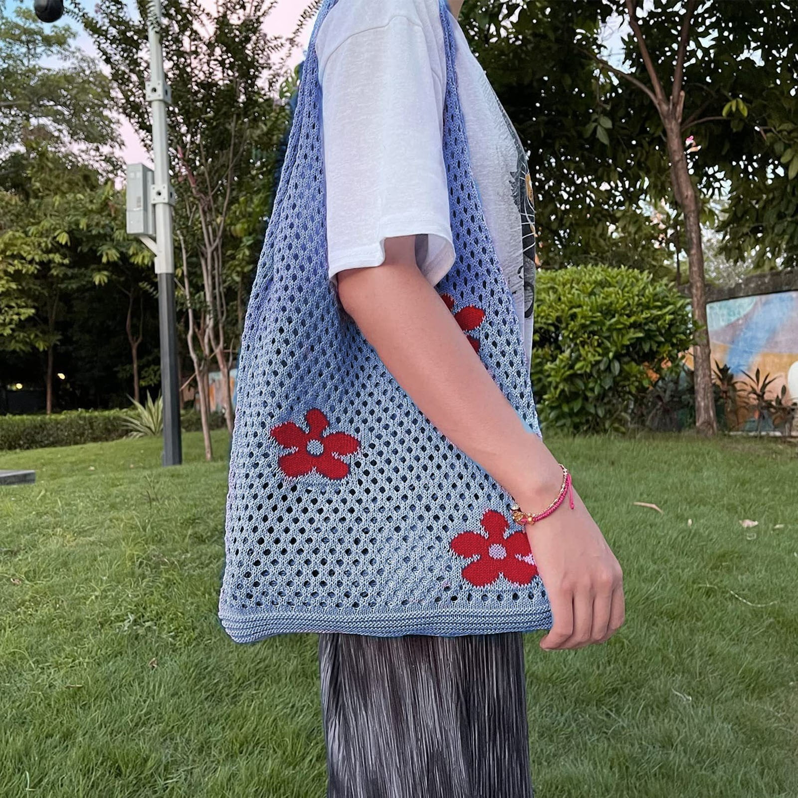 Stylago Crochet Mesh Shoulder Bags for Women Beach Tote Purses Summer Handbags for Ladies and Students Travel Shopping Blue