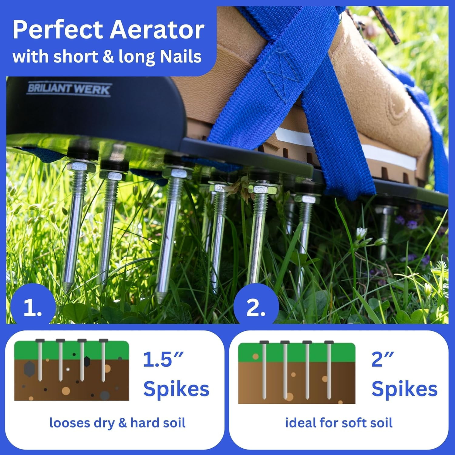 Lawn Aerator with Adjustable Straps - for Aeration or as Screed Shoes Perfect Tool incl. Two Nail Lengths dethatcher epoxy