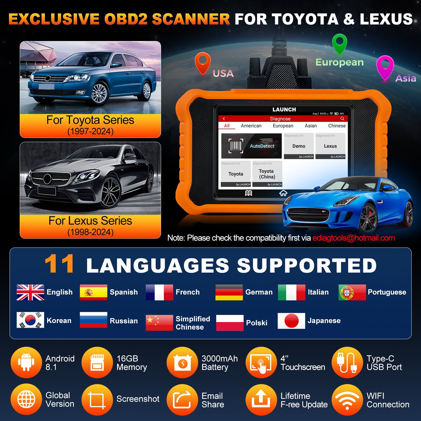 LAUNCH Creader  Elite 2.0 for Toyota Lexus Bi-Directional Car Scan Tool, Full System OBD2 Scanner, All Reset Service Code Reader, AUTOVIN, Battery Registration, Lifetime Free Update