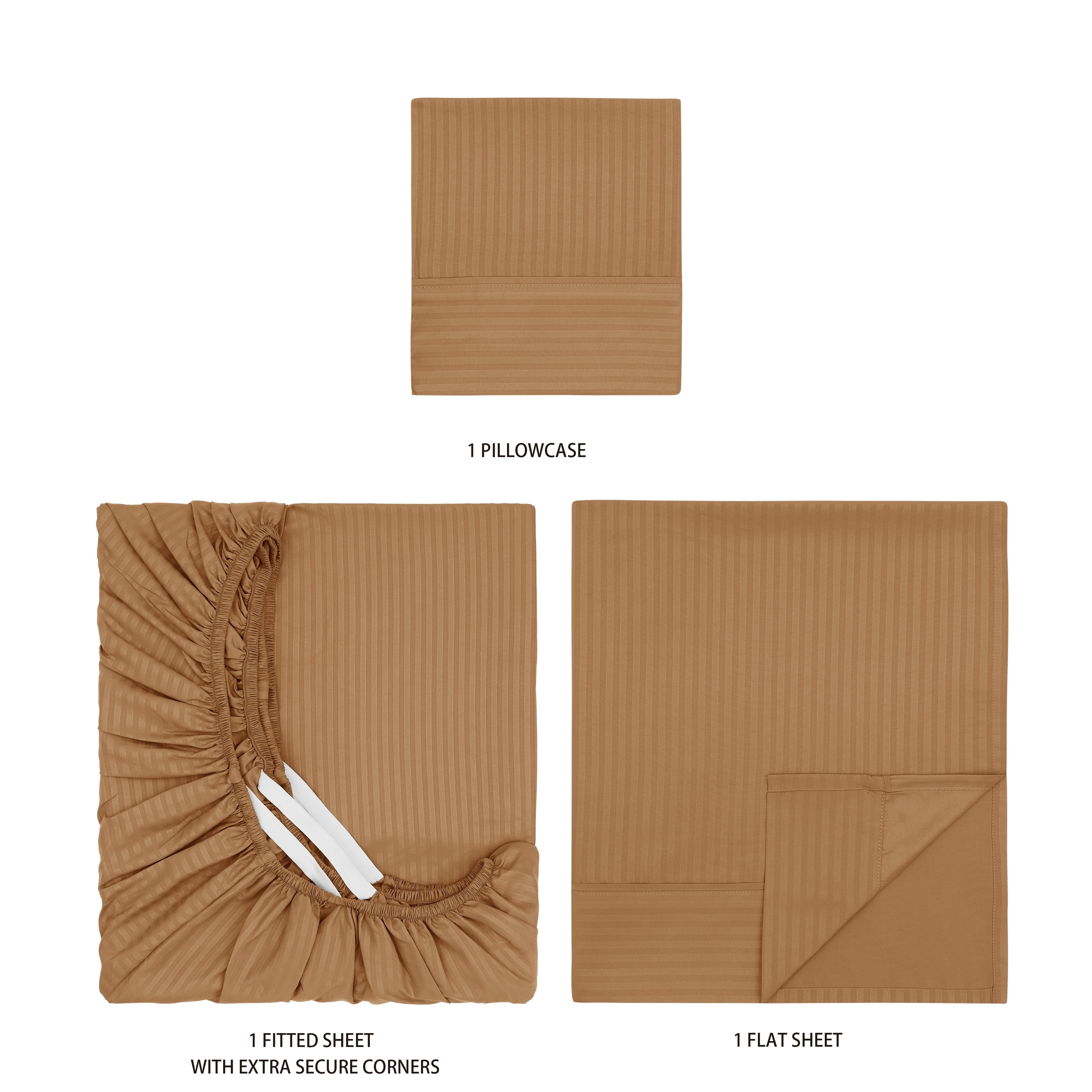 Mainstays Super Soft Brushed Microfiber Bed Sheet Set, Caramel Brown Embossed Stripe, Twin-XL, 3 Piece