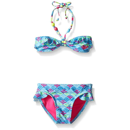 NEW Blue Pink Girl's Size 12 Beaded Printed Bikini Ruffle Swimwear Set