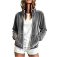 thumbnail image 3 of SAWOBUUN Womens Velvet Zip Up Jacket Stand Collar Long Sleeve Velour Coat with Side Pockets Casual Fall Winter Outerwear, 3 of 7