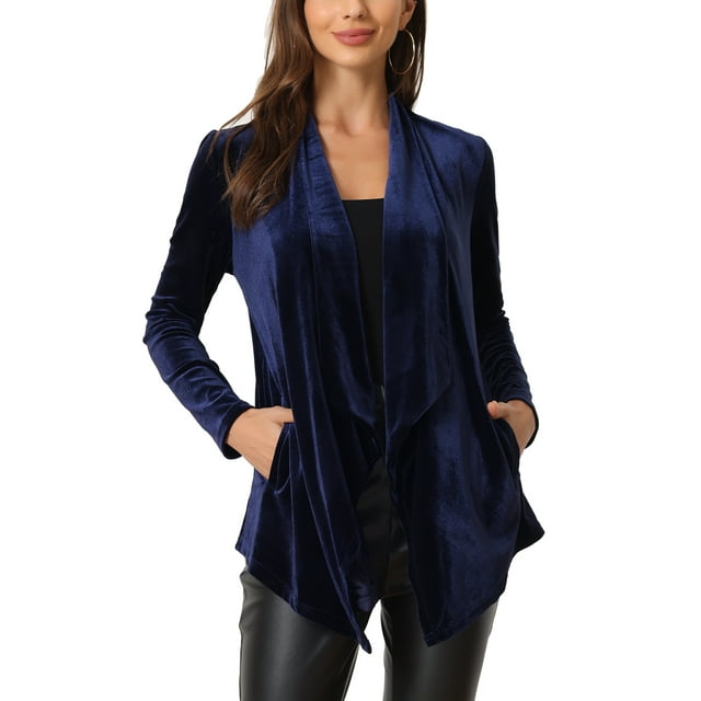 INSPIRE CHIC Women's Shawl Collar Open Front Pockets Stretchy Velvet Cardigan M Navy Blue