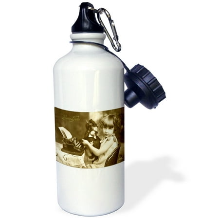 3dRose Print of photo Of Girl On Old Typewriter With Pet, Sports Water Bottle, 21oz