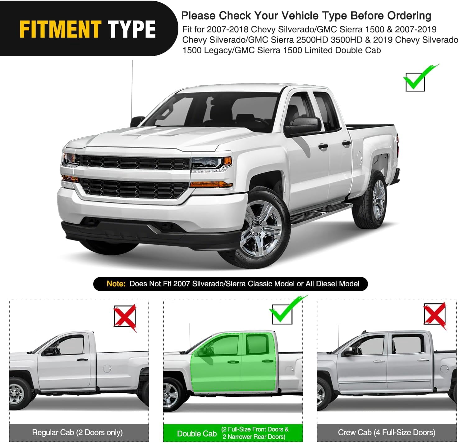 Nilight Running Boards for 2007-2018 Chevy Silverado/GMC Sierra 1500 Double Extended Cab 2007-2019 Chevy Silverado/GMC Sierra 2500HD 3500HD 6 Inch Stainless Steel Side Step Nerf Bars