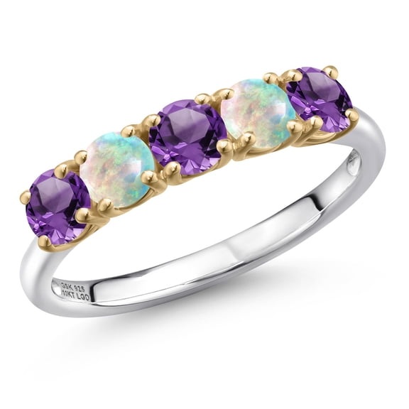 Gem Stone King 925 Silver and 10K Yellow Gold Purple Amethyst and Simulated White Opal Wedding-Bands Ring for Women | 1.25 Cttw | Round 4MM | Gemstone February Birthstone | Size 9