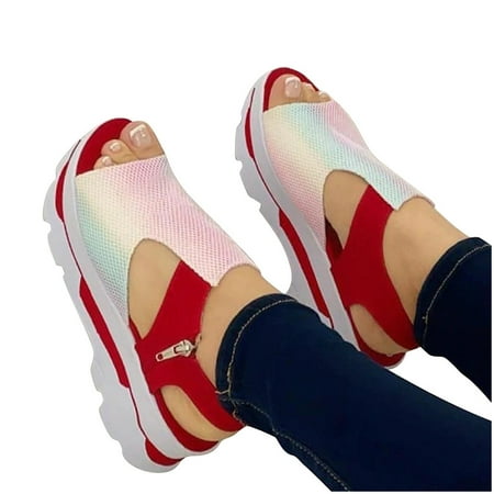 

Ruziyoog Sandals Women Summer Ladies Women Flat Thick Soled Shoes Fashion Casual Beach Sandals Cushionaire Sandals Red