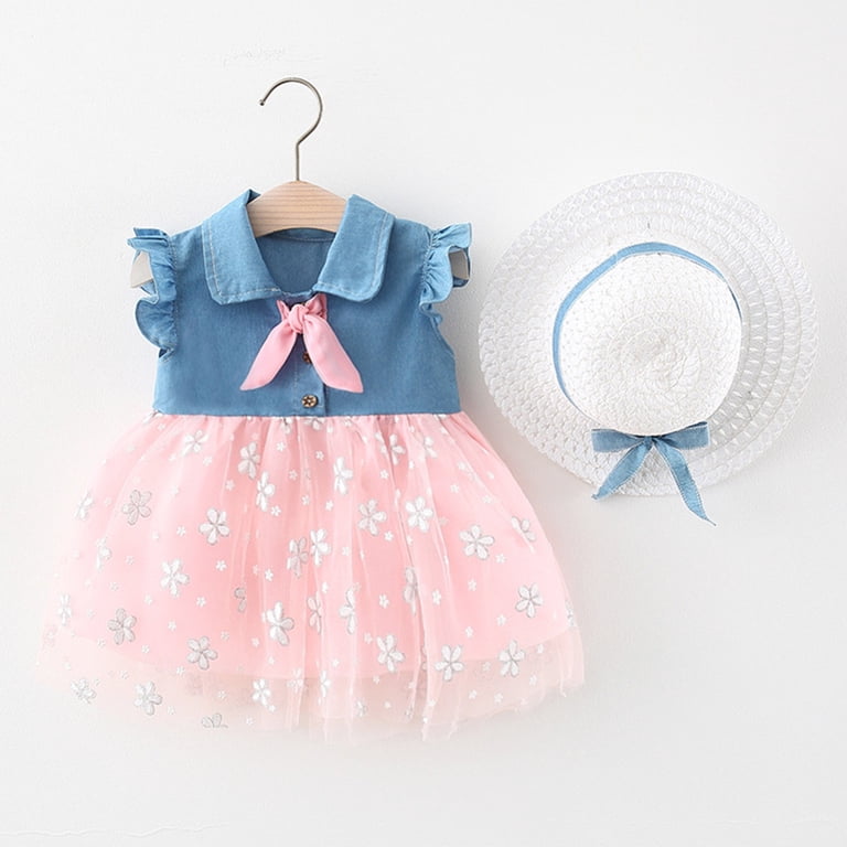 Ruyang Toddler Baby Girls Denim Tulle Dress Frilled Flying Sleeve Sundress Cotton Ruffle Mesh Button Dress Sun Protection