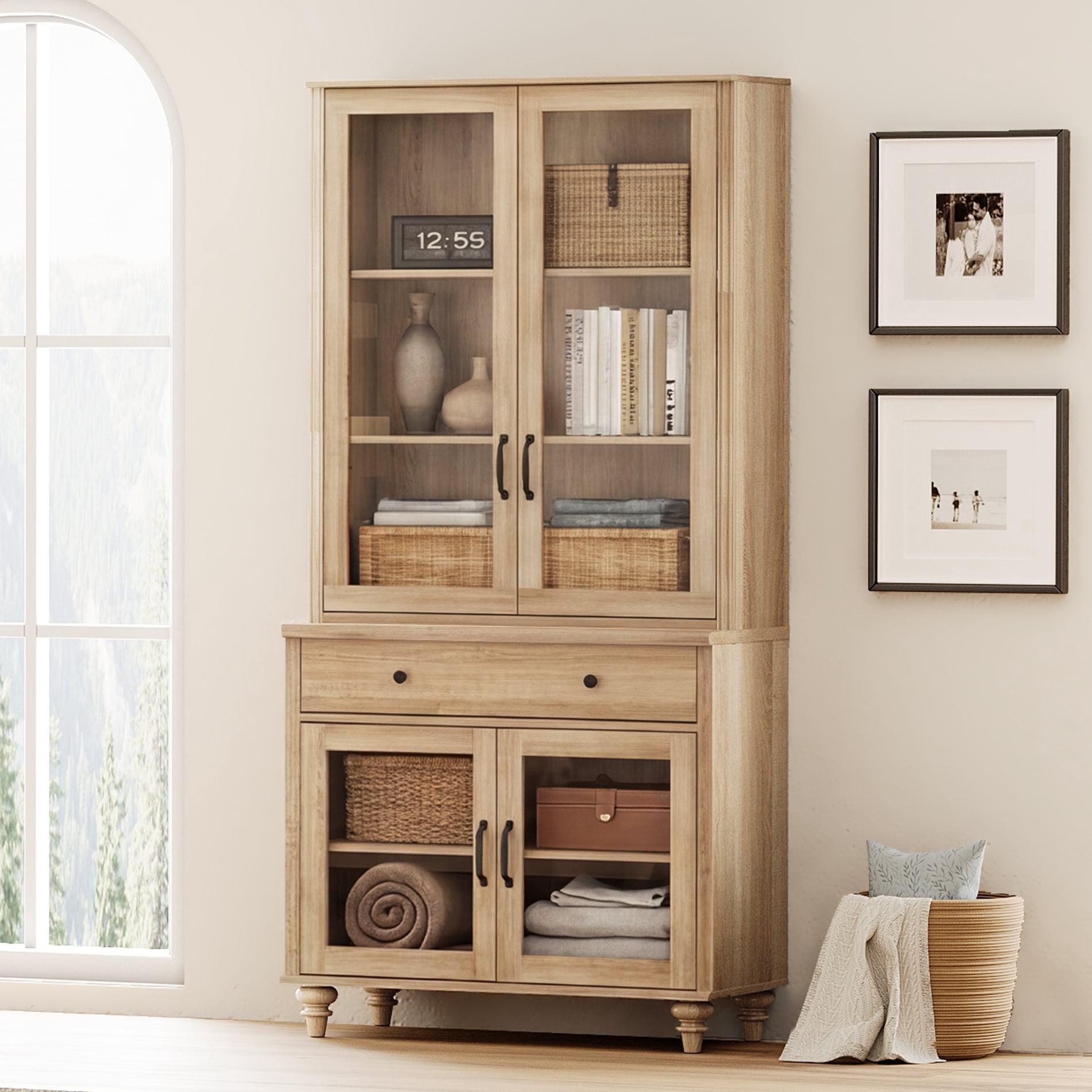 72.1"H × 33.9"W Farmhouse Wooden Bookcase with Glass Doors and Drawer, Large Storage Bookshelf for Living Room, Bedroom, Home Office & Kitchen, Oak