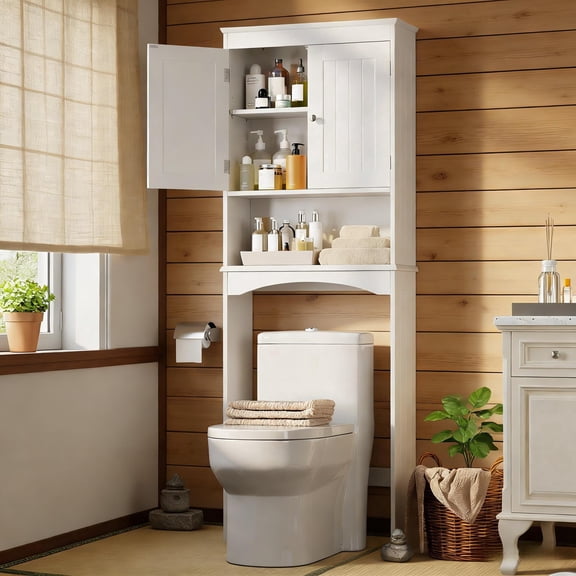 Over Toilet Bathroom Storage Cabinet with 3 Open Shelves & 2Doors, White