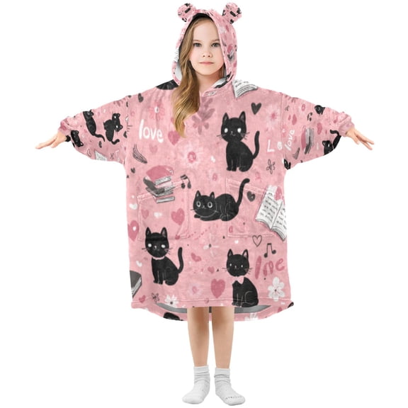 BZSMCE Wearable Blanket Hoodie Fashion Pink Cat - Filled Literary Love Home Wear