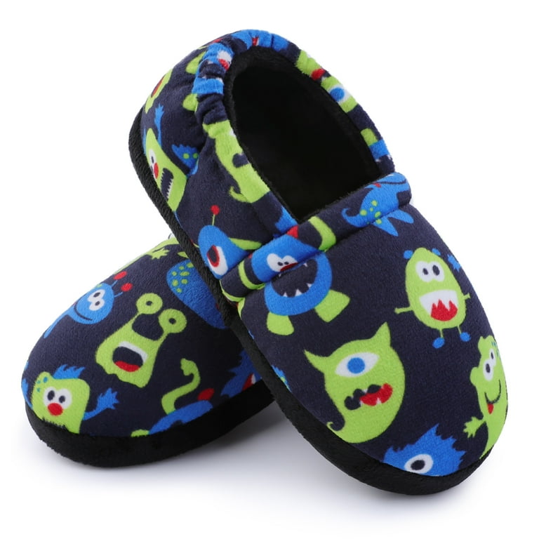 HOMEHOT Boys Slippers Little Kid Big Kid Memory Foam House Slippers Cartoon Plush House Shoes Dark Blue Size 1 US