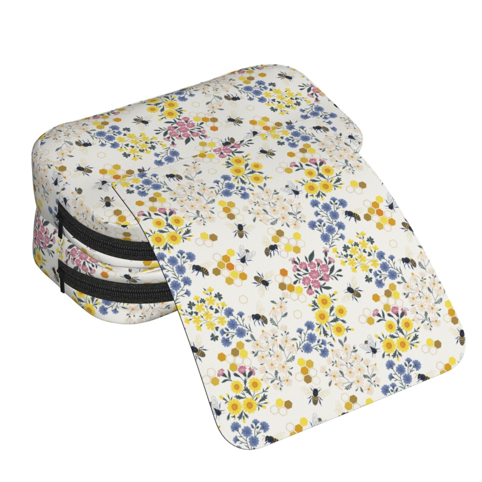 Rateoe Wildflower Honeybee Pattern Double Clamshell Pen Case, Storage Organizer with Two Zipper Compartments– Holds Up to 50 Pencils & Pens