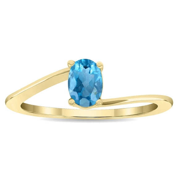 SZUL Women's Solitaire Oval Shaped Blue Topaz Wave Ring in 10K Yellow Gold