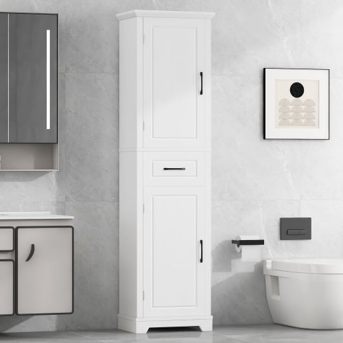 Tall Bathroom Storage Cabinet with Adjustable Shelves, 72.5" Freestanding Organizer with 2 Doors & Drawer, MDF Water-Resistant Cabinet,White