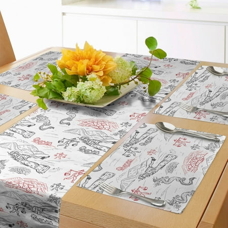 

Ethnic Table Runner & Placemats Wall of China Folk Motif with Dragons and Local Men Culture Print Set for Dining Table Decor Placemat 4 pcs + Runner 12 x90 Dark Grey Red by Ambesonne