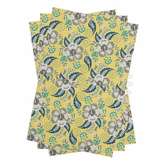 Yellow Cashew Flower Kitchen Towels Set of 3, Water Absorbent Dish Towel, Retro Ethnic Abstract Country Decorative Hand Towels - Quick Drying Cloth for Cooking Baking, 18x28 Inch