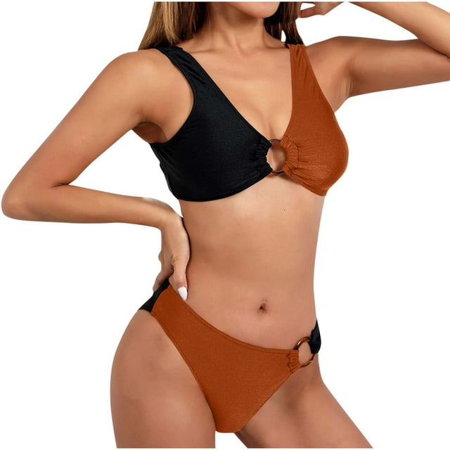 Trajes de Baño de Bikini de Mujer, Bloqueo de Color Sexy Correa sin Espalda Bikini, Traje de Baño de Corte Alto Retro