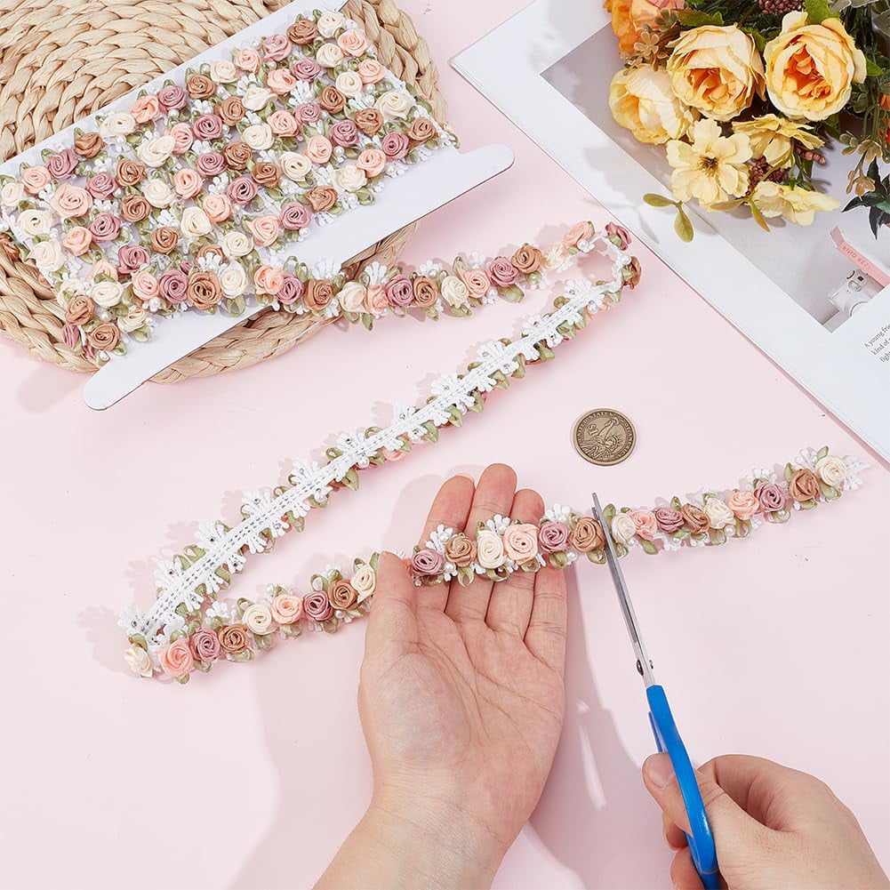 3 Yards Flower Trim Ribbon Lace Edge Trims Vintage Ribbon Vintage Pearl Beads Rose Flowers Embroidered Lace Edge Trim