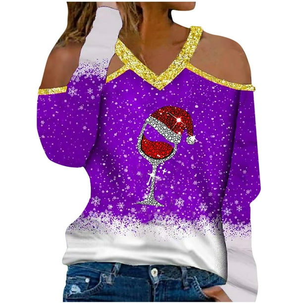 Camisas Navideñas Para Mujer Tops de Manga Larga Casual Con Cuello en V Blusa Suelta Con Estampado Navideño Odeerbi ODB202843
