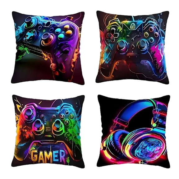 4Pcs Set Gaming Pillow Covers - Washable, Living Room, Playroom 18x18 Pillows Linen Pillowcase Modern Decorative Square Pillowcases for Sofa Couch Bedroom Living Room Car