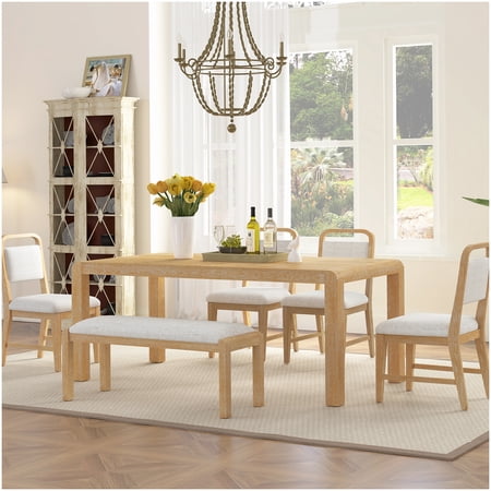 Curved Leg Dining Set Extendable Farmhouse Table with 4 Chairs and Bench for Dining Room Natural Wood Finish