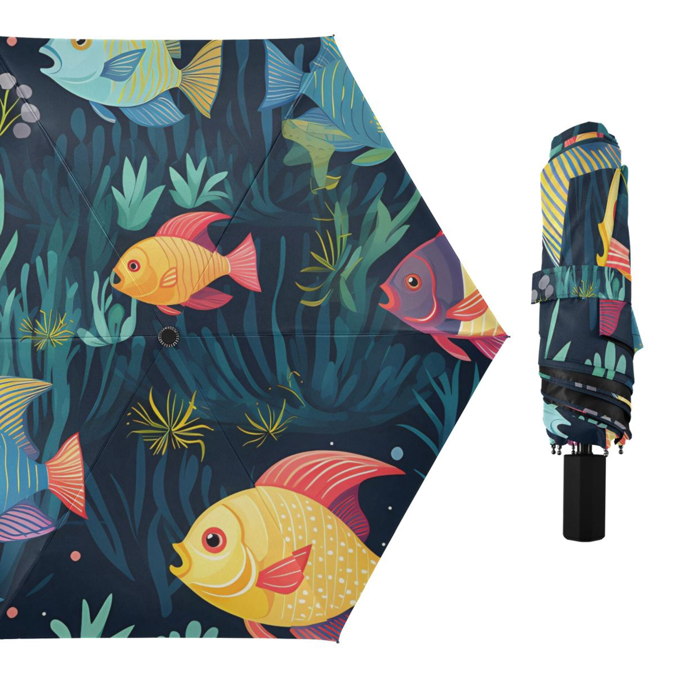 Fishes Compact Folding Umbrella for Rain Windproof Travel Umbrella UPF 50+ Lightweight Packable Arc Size