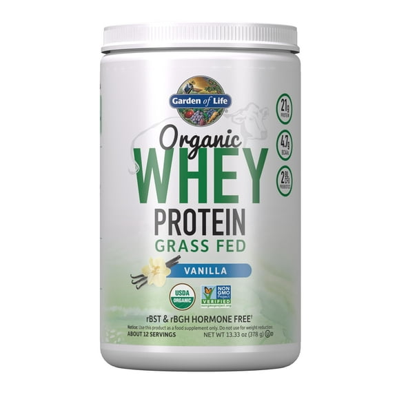 Garden of Life Grass Fed Whey Protein Powder Vanilla - 21g Protein for Women & Men   Probiotics - 12 Servings - Gluten Free, Non GMO, Kosher, Humane, RBST & rBGH Hormone Free